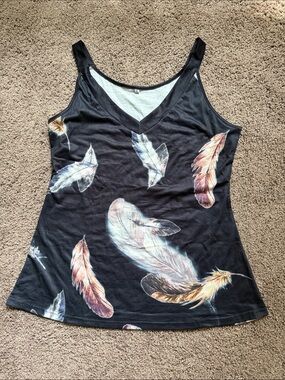 Black Feather-Print V-Neck Tank Top